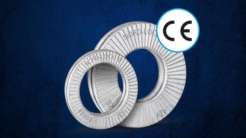 Two Nord-Lock X-series washers with wedge-locking design displayed against a blue background, featuring the CE mark for certified safe bolt connections.